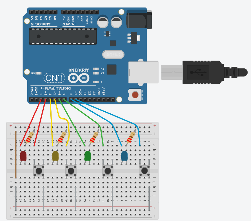 Full LED Memory Game using Arduino Board and BreadboardLayout